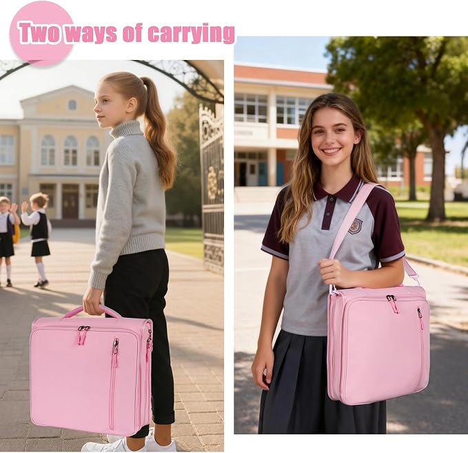 2 Inch 3 Ring Zipper Binder with 500 Sheet Capacity, 6 Tab Expanding File Folder, Multi-Pocket Design, Shoulder Strap and Handle for Middle School and Office (Pink)