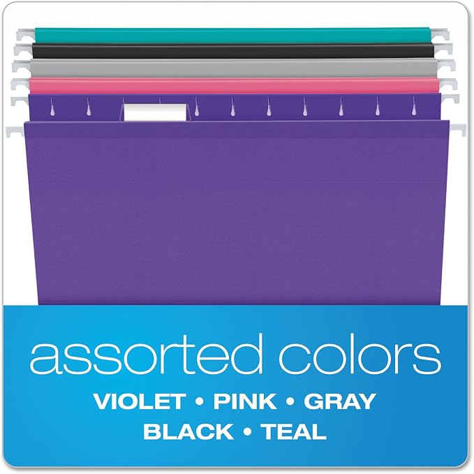 Pendaflex Reinforced Hanging File Folders, Letter Size, 1/5 Cut, Assorted Jewel-Tone Colors, 25/BX (4152 1/5 ASST2)