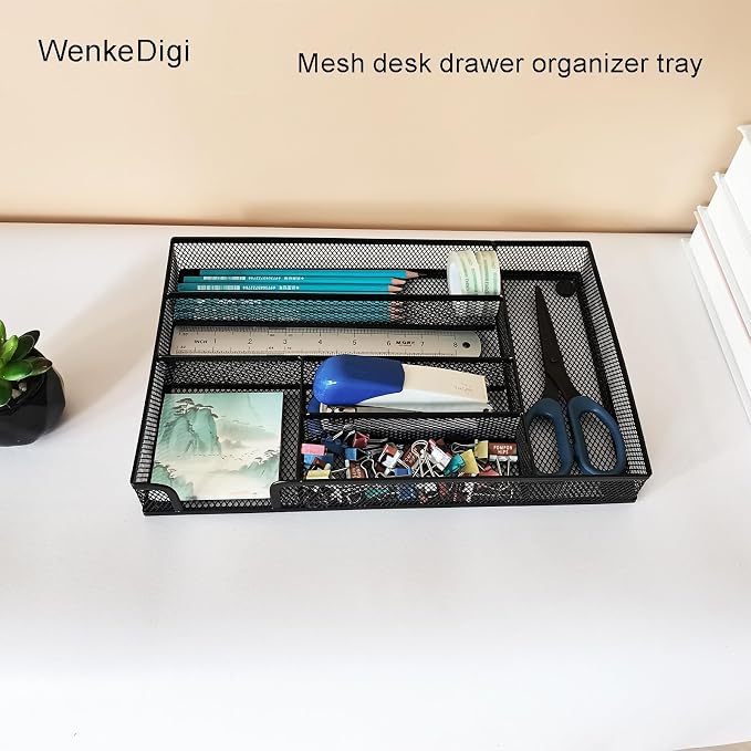 2-Pack Metal Mesh Desk Drawer Organizer Tray Set, 6-Compartment Office Drawer Organizer for Pens Supplies, 12.6"x8.27"x1.57" Black