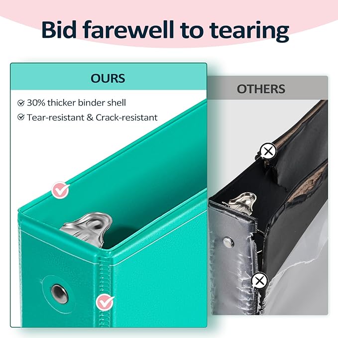 2 Pack BinderX Extra Durable 3 Ring Binder, 1 Inch Binder Round Rings, Fits 350 Sheets of 8.5x11 Paper, Customizable View Cover with Inside Pockets, Cute 1 Inch Binders 3 Ring, Pink & Blue