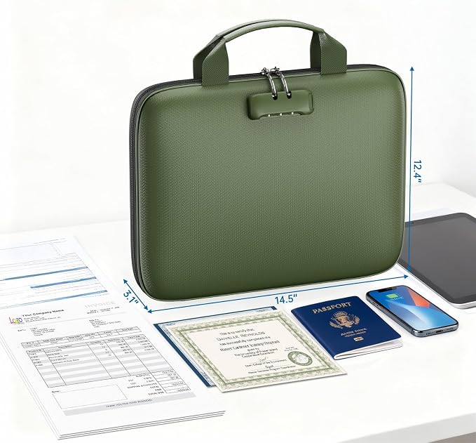 Fireproof Binder Organizer with 20 Pack Binder Pockets & Lock,Green | Important Document Box with Zipper,Water Resistant Hard Case, Portable Home Office Safe Storage Protection for Letter Size