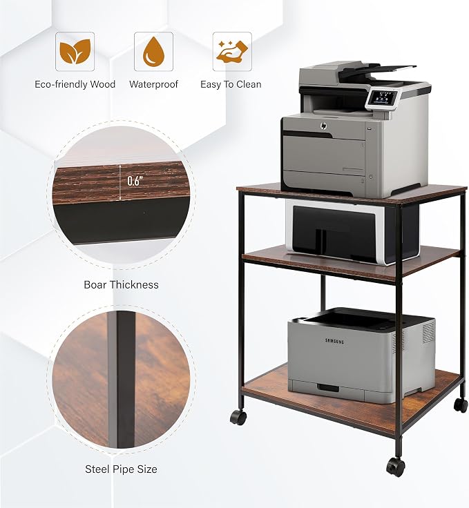 EMERIT 3-Tier Printer Stand for Laser/Inkjet/All-in-One - 23.6x18.9x31.5 Heavy Duty Cart w/Adjustable Shelves & Lockable Wheels, Storage for Scanner/Fax/Supplies - Industrial Home & Office