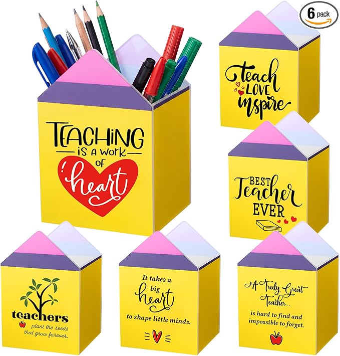 Sherr 6 Pcs Back to School Teacher Gifts Inspirational Pencil Cups Bulk | First Day of School Gifts for Teachers, Acrylic Pencil Shaped Pen Holders, Appreciation Gifts for Teachers Counselors School