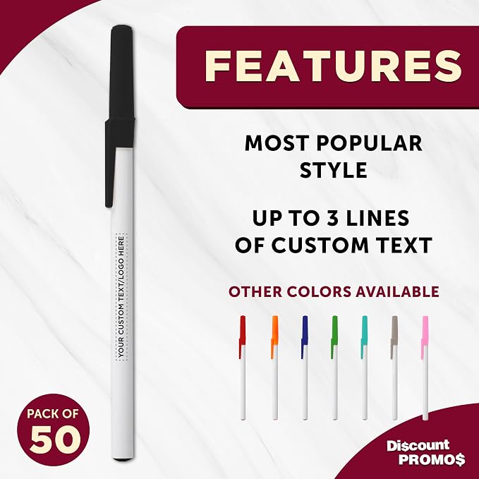 DISCOUNT PROMOS Custom Value Stick Pens Set of 50, Personalized Bulk Pack - Black Ink, Great for Office, School, Business, Tradeshows, Events - Black