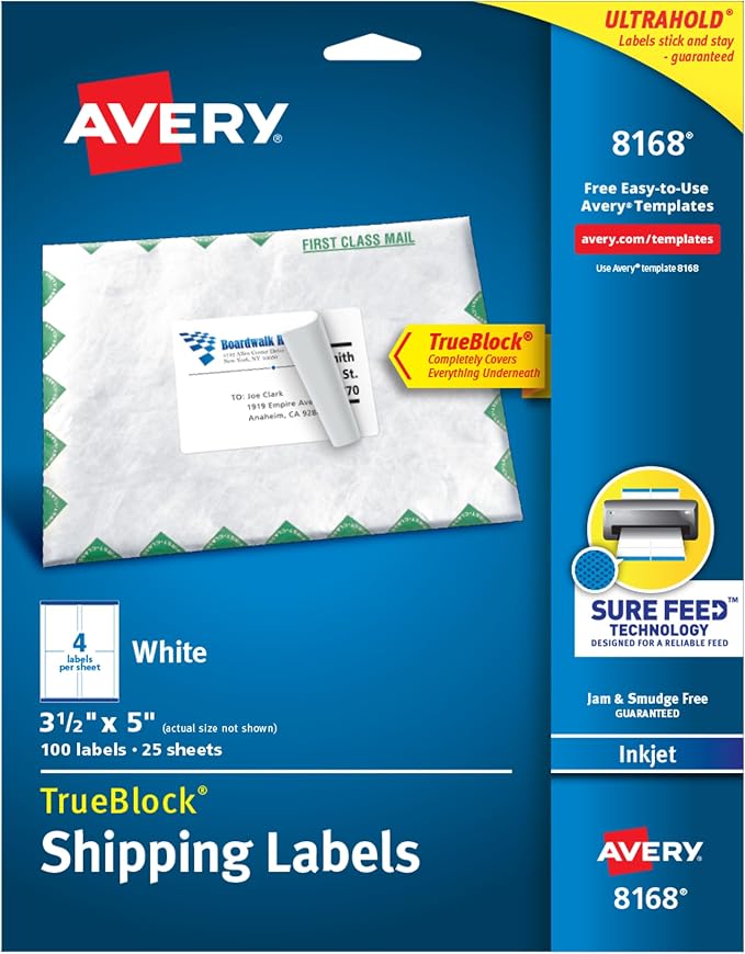 Avery Shipping Address Labels, Inkjet Printers, 100 Labels,3-1/2 x 5, Permanent Adhesive,White, 5 Packs (8168)