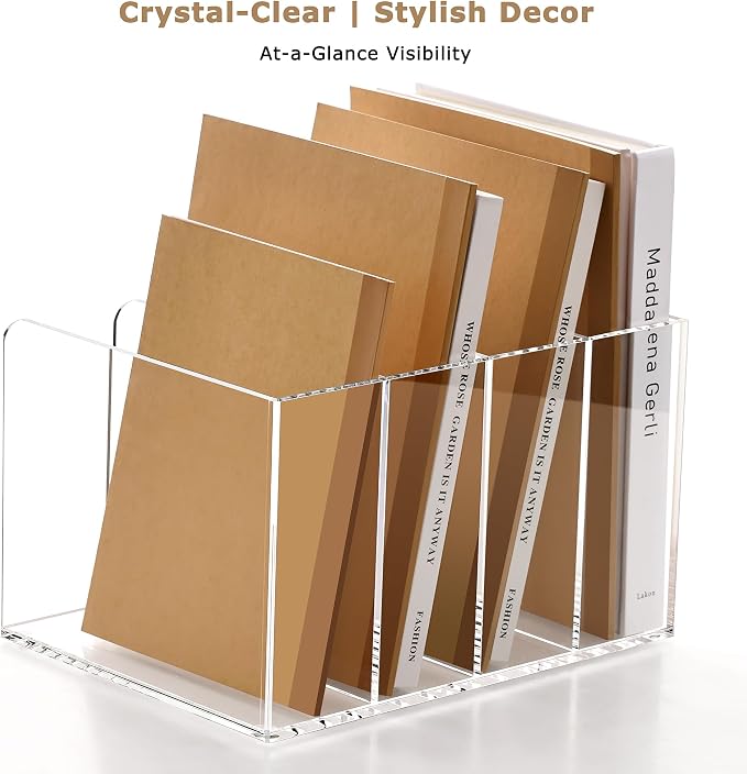 YUXUN Clear Acrylic Magazine File Holder, 4 Compartment Desk Organizer | Desk Organizer for Documents, Tablets, Magazines, Books & Accessories, Ideal for Office, Home & Classroom