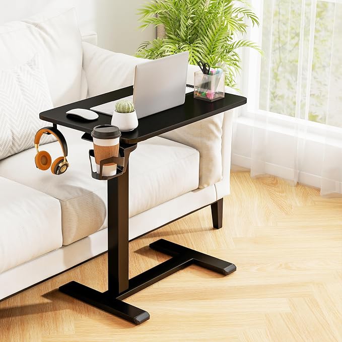 Tangkula Mobile Standing Desk, Pneumatic Height Adjustable Rolling Desk with Cup Holder & Headphone Hook, Overbed Table with Hidden Wheels, Laptop Computer Cart for Couch, Home, Office (Black)