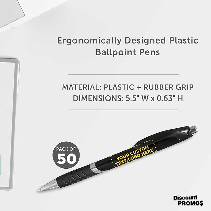 DISCOUNT PROMOS Ballpoint Pens With Rubber Grip - 50 pack - Customizable Text, Logo - Black Ink Ball Point Pen with Soft Touch Plastic - Black