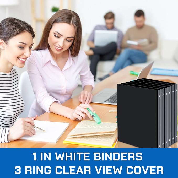 Fulmoon 12 Pcs Economy View 3 Ring Plastic Binder 12.2 x 9.8 Inch Plastic Round Ring Binders with Pockets Notebinder for Meetings for Home, Office, School(Black, 1 Inch)