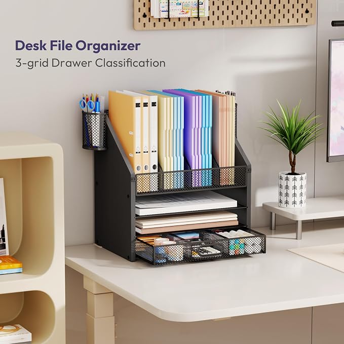 SWTYMIKI Desk Organizer with Drawers - Mesh and Wood Desk File Organizer with Pen Holders, 4-Tier Paper Organizer for Office Organizer and Accessorie, School and Home Storage, Black