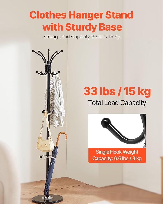 VEVOR Freestanding Coat Rack, Metal Coats Rack Stand with Umbrella Holder, Stable Marble Base & 14 Hooks, Hall Coat Tree for Entryway, Bedroom, Living Room, Stylish Coats Hanger for Hats, Scarves, Bag