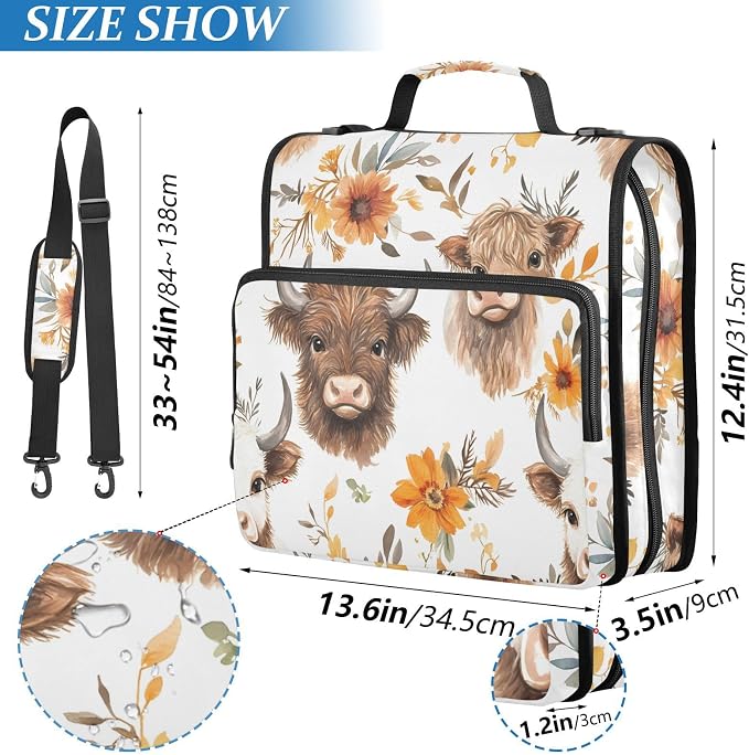 ALAZA Zipper Binder 3 Ring Highland Cows Cattle Flowers Binder Organizer with Zipper and Shoulder Strap Large Capacity Multi-Pocket Trapper Keeper File Folder for Office Supplies