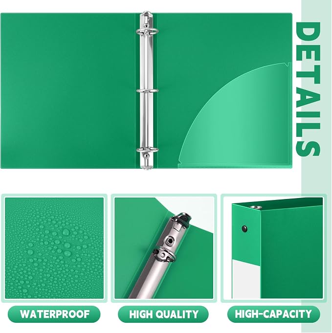 Henoyso 12 Pcs 1.5 Inch 3 Ring Binders, Letter Size,Green | Binders Bulk, Holds 350 Sheets, Round Rings, Durable Flexible PP Plastic Covers, Pockets Labels, School Office Supplies