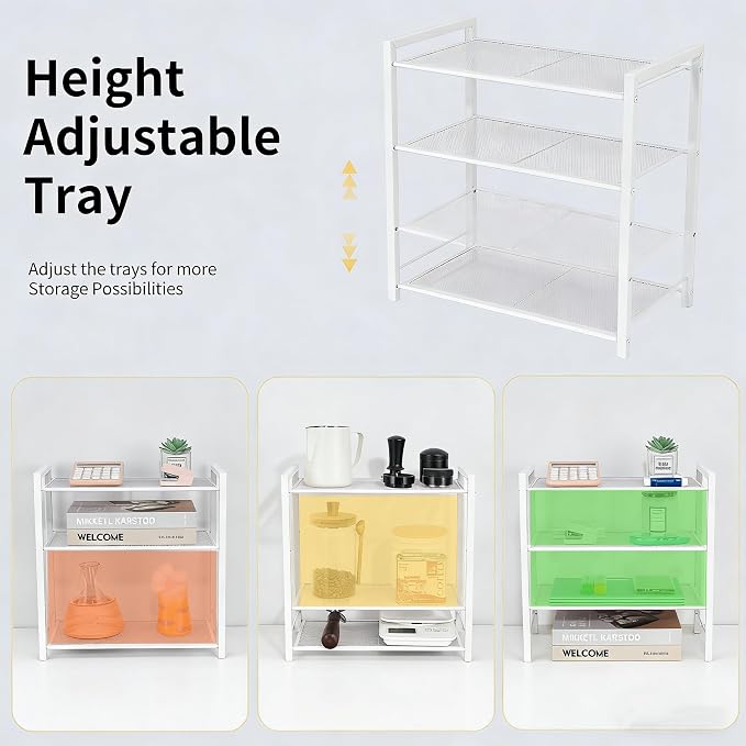 Desktop Shelf Organizer, 3-Tier Office Storage Rack, Adjustable Metal Bookshelf for Top of Desk, White Desk Organizer for Office, Home, Dorm and Small Spaces (White)