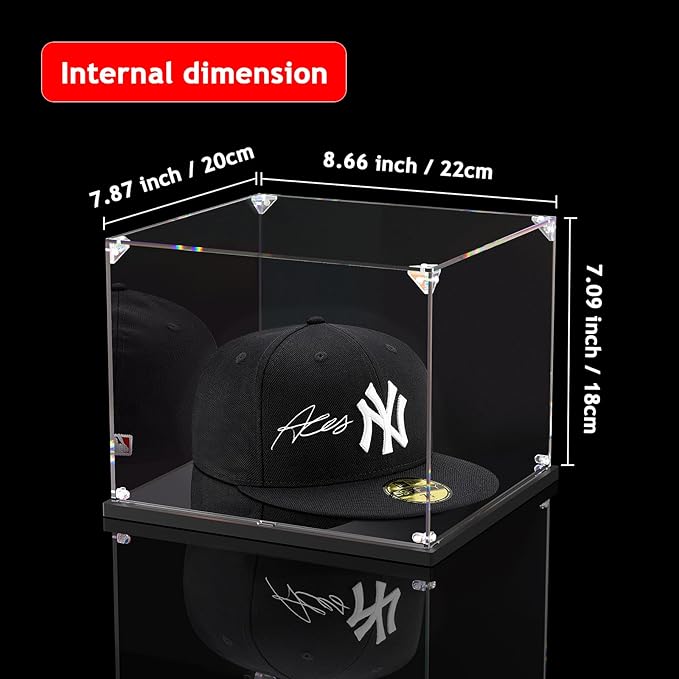 KOLIPI Hat Display Case for Baseball Caps, Acrylic Box 8.7x7.9x7.1 in | Baseball Cap Display Case for Snapback Hats Mini Helmets, Mirror Base, Dustproof, Stable and Stackable, Assembly Required