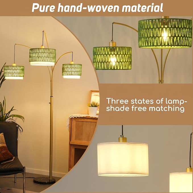 80'' Gold Rattan Arc Floor Lamp for Living Room, 3-Light Boho Tree Lamp | Heavy Natural Marble Base, 1/2/3-Light Rotary Switch,Double-layer Green Wicker/Fabric Shades for Coastal Style,8 ft+ Ceilings