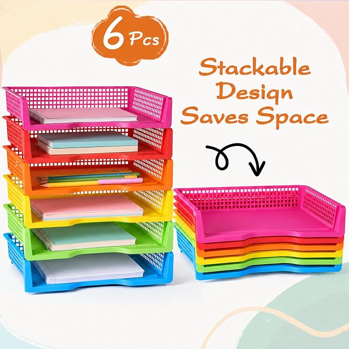 ZZYFGH 6 Pack Turn in Trays Classroom, Colorful Turn in Trays for Teachers, Plastic Classroom Paper Organizers, Stackable Tray for Classroom, Library, Drawers, Office Desk(13.4 * 9.5 * 2.7in)