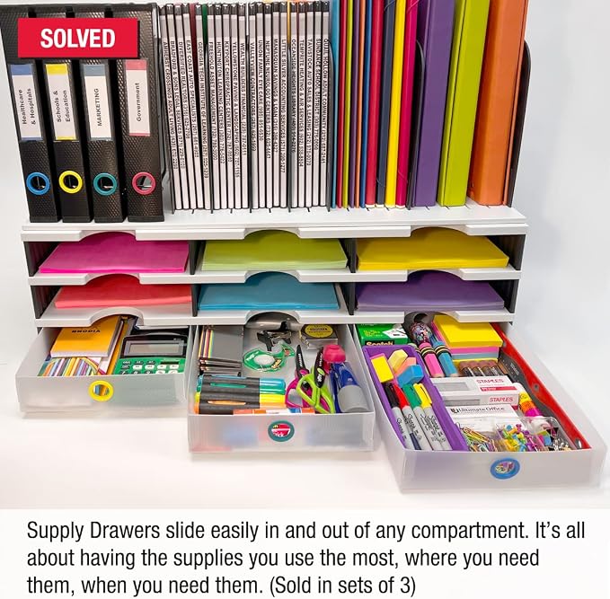 Ultimate Office TierDrop Supply Drawers, 9w x 12d x 2.25h, Set of 3, Clear | Color-coded finger rings for easy access to contents; stores desk accessories and supplies; designed for TierDrop organizers