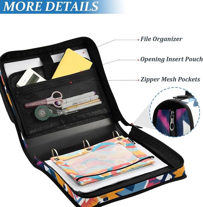 3 D-Ring Zipper Binder Bag, Purple Ethic Aztec Geometric Pattern Removable Binder with Zipper Case Hold 300+ Sheets& 13 Inch Laptop for School Office Supplies Organizer