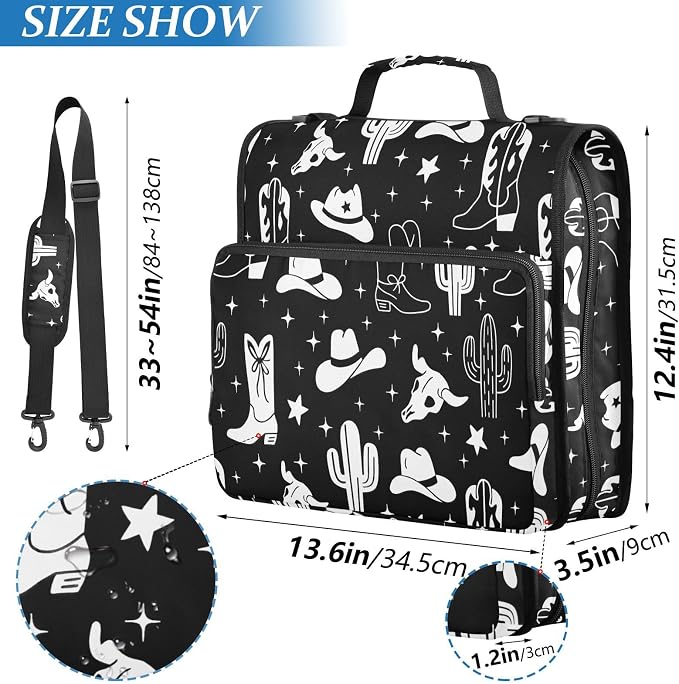 Western Cowboy Black Print Zipper Binder Bag 3 Ring with Shoulder Strap & Handle Multi Pocket Binder Organizer Bag Large Capacity for School Office Supplies