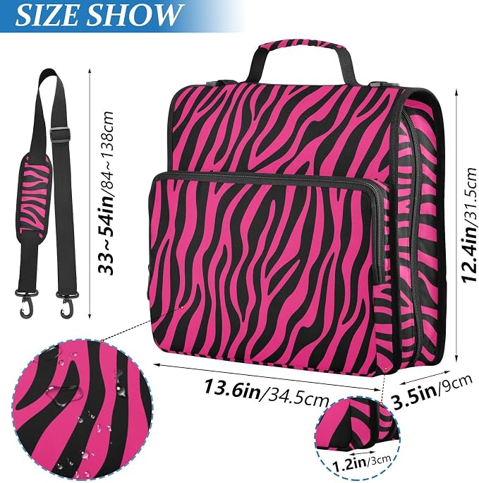Hot Pink Zebra Print 3 Ring Binder Bag 1.5 inch Binder Organizer with Zipper Shoulder Strap 500 Sheet Documents Storage for School Office
