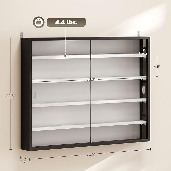 HOMCOM 5-Tier Wall Mounted Display Cabinet Glass Doors 60x80cm Black/White | Display Case, 4 Adjustable Shelves, for Home Office Ornaments