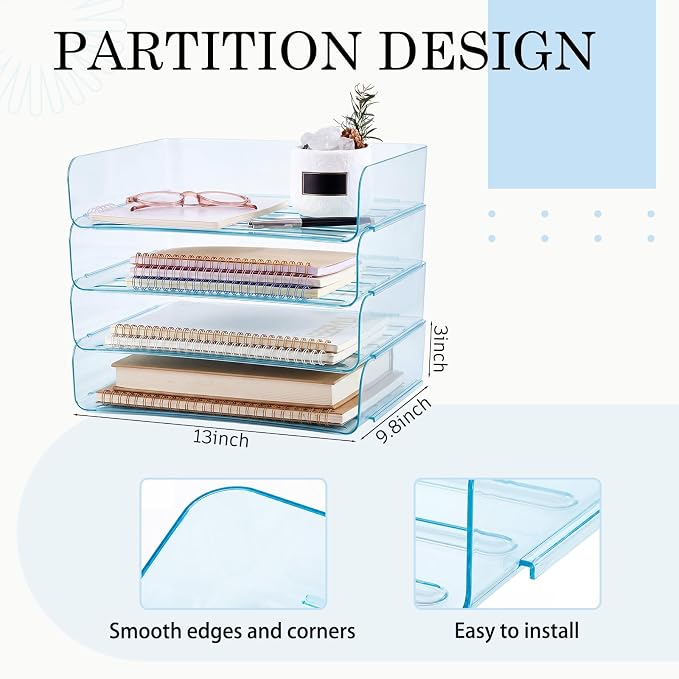 Harloon 4 Tier Clear Blue Acrylic Paper Organizer Letter Tray, Aesthetic Stackable Desk File Organizer Paper Holder Office Tray for A4, Modern Classroom Office Home File Pad Books Notes