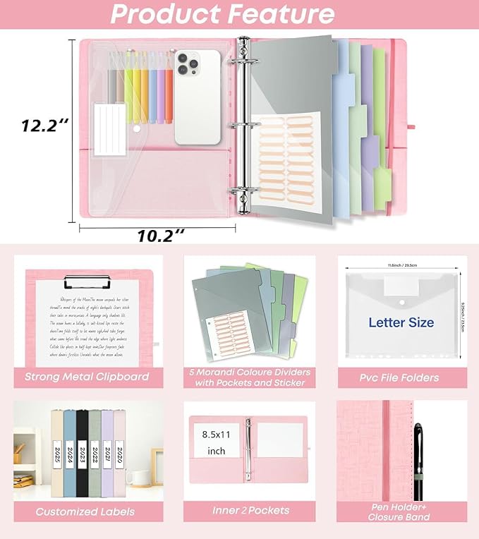 3 Ring Binder, 1 Inch Linen Binders Organizer for Letter Size (8.5" x 11") Paper with 5-Tabs Pockets Dividers, BVSSX Leather Three Ring Binders with Clipboard, Plastic Folder, Pen Loop - Pink Tulips