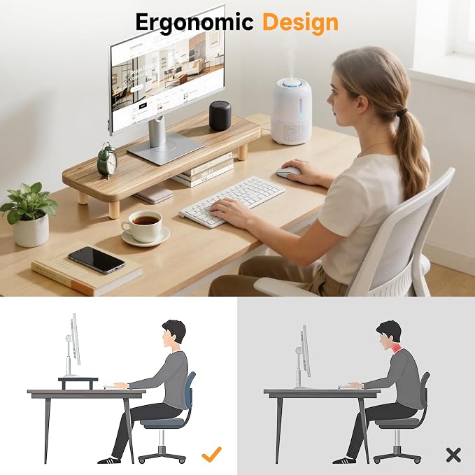 Monitor Stand Riser, 24 Inch Wood Desk Organizer with Monitor Stand & Storage Computer Monitor and Laptop Riser Multifunctional Laptop Stand Desk Organizer for Office Home Screen/Laptop/PC (Light Walnut)