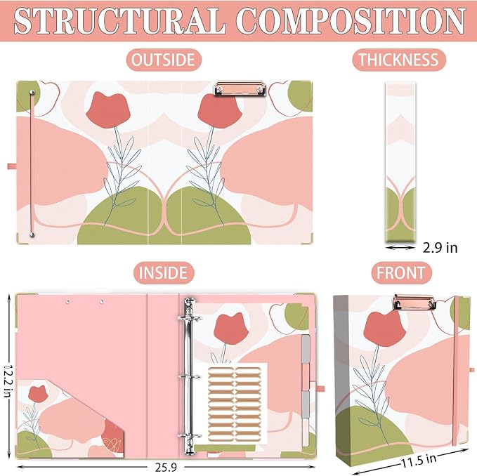 3 Ring Binder Organizer for Letter Size (8.5" x 11") with 5 Tab Dividers, File Folder Labels and Low Profile Clipboards, Portfolio Binder with 2 Pockets for School & Office Supplies