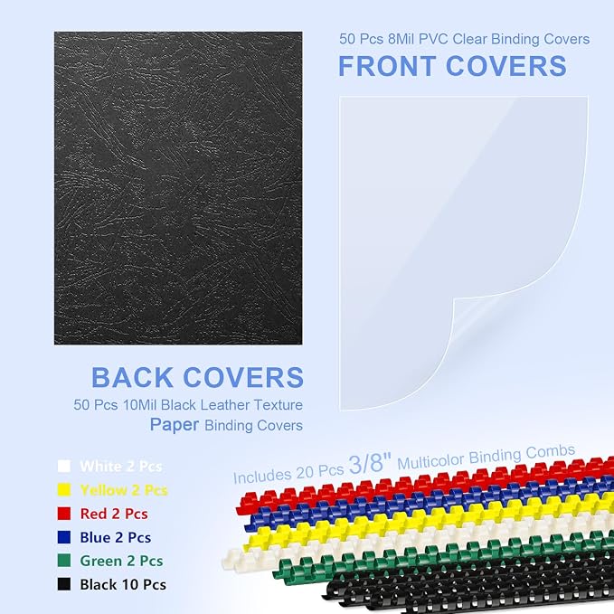 HOUYEE Binding Covers and Combs Set, 8.5x11 Inches, Including 50 Pcs Leather Texture Paper Binding Covers, 50 Pcs 8 Mil Clear PVC Sheets and 20 Pcs Assorted Combs | 50Pcs 8Mil Clear Binding Covers, 50Pcs 10Mil Black Leather Texture Paper Backs, 20Pcs 3...