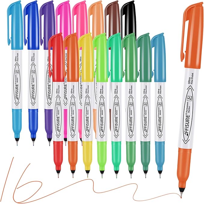 Affisure Permanent Markers, Ultra Fine Point Markers Set,16 Assorted Colors Work on Wood, Plastic, Paper, Metal, Stone, Glass for the Artist、Kids、Adult, 16 Count