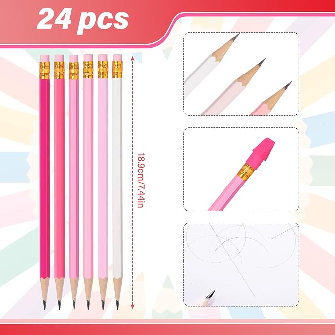 Gersoniel 24 Pack Pink No. 2 Pencils, HB Wooden Bulk with 48 Eraser Caps