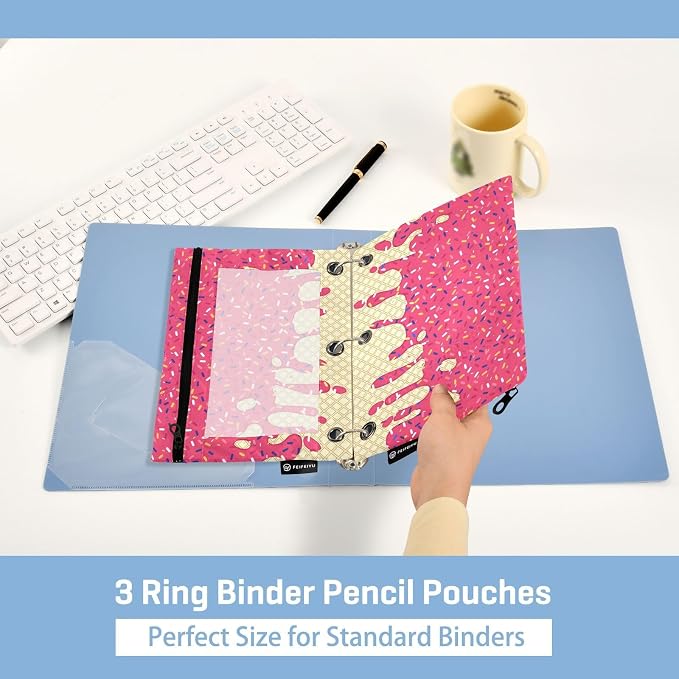Red Ice Cream Print Pencil Pouch for 3 Ring Binder, 2 Pack Waterproof Pencil Bags Clear Window Pencil Case Zipper School Office Supplies