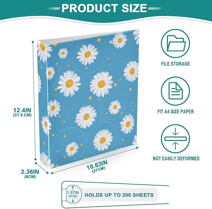 Flower Daisies Floral Hard Cover Ring Binder 1.5 Inch 3 Ring, Printed Ring Binder with Metal Non-Slip Clip Clear Pocket Water Resistant Round Ring Binders for Recipe Budget Office