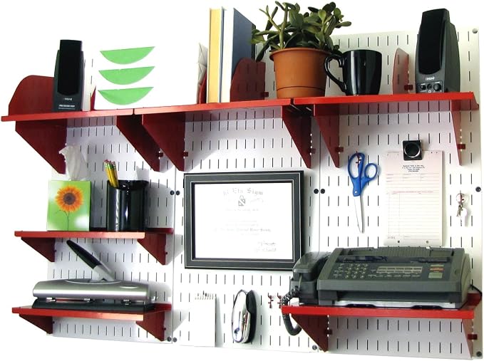 Wall Control Office Organizer Unit Wall Mounted Office Desk Storage and Organization Kit White Slotted Wallboards and Red Accessories