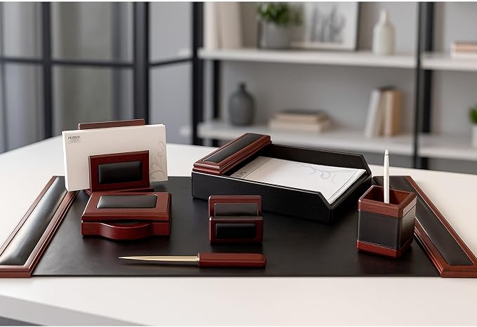 DACASSO Leather Desk Set - Luxury Leather Desk Pad& Desk Organization Essentials - Office Organization & Executive Desk Decor - (Rosewood and Black, 7 Piece)