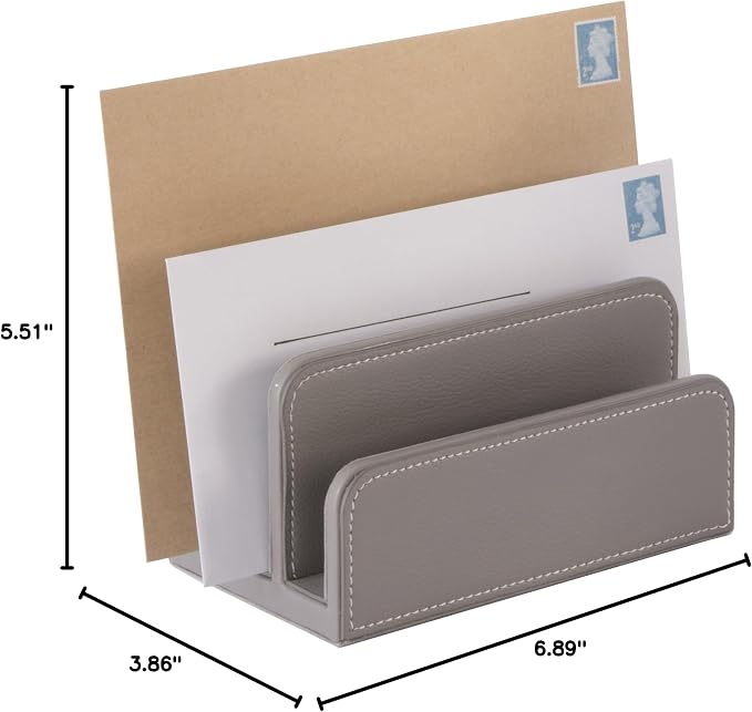OSCO Faux Leather Mail Sorter & Envelope Organiser – Desk File Storage Stand with Display Slots – Modern Letter Holder Tray Minimalist Home & Office – Grey
