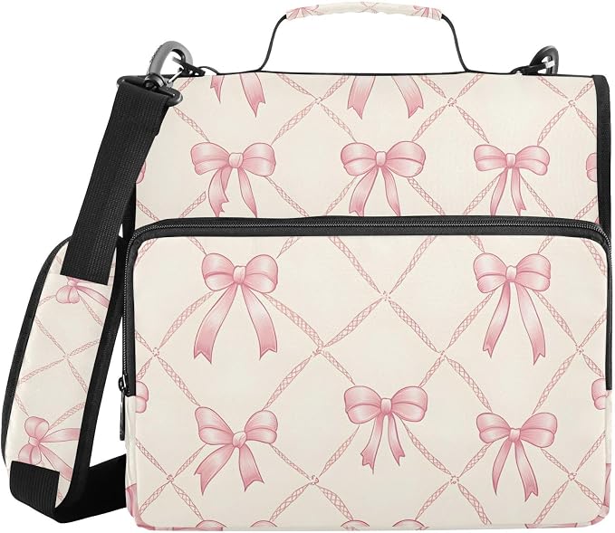 3 D-Ring Zipper Binder Bag, Pink Bow Plaid Checkered Pattern Removable Binder with Zipper Case Hold 300+ Sheets& 13 Inch Laptop for School Office Supplies Organizer