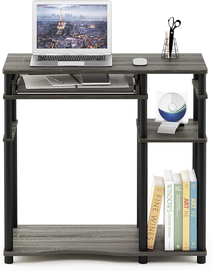 Furinno Abbott 31.5 Inch Desk with Keyboard Tray, Grey Oak | Easy Assembly, Storage Shelf, Computer Desk, Gaming Desk, Writing Desk for Dorm, Bedroom, Study Room