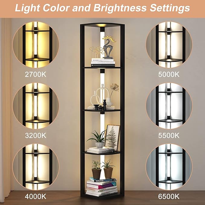 VTRIN Corner Shelf with Light, Modern Home Decor Stand Floor Lamps with Storage Shelves for Collectibles, Sturdy 5-Tier Corner Bookshelf Cabinet Display Shelf for Living Room Bedroom Small Space