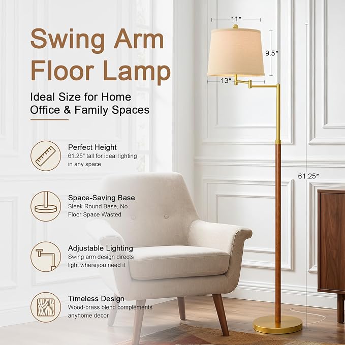 G-SAFAVA Real Wood Floor Lamps for Living Room Bedroom, 61" Floor Lamp with 350° Adjustable Swing Arm Vintage Lamps for Living Room