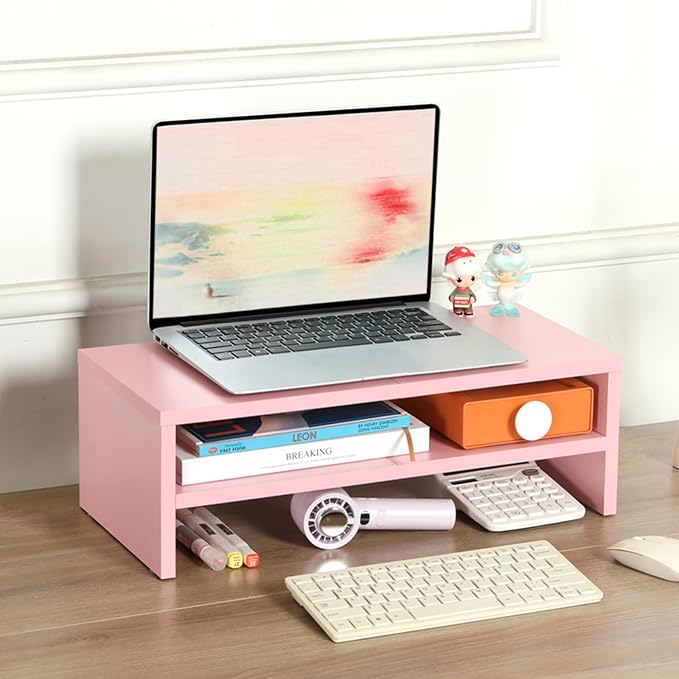 DS502P TEAMIX 20 inch Pink Monitor Riser Stand - 2 Tiers, Wood Desktop Bookshelf