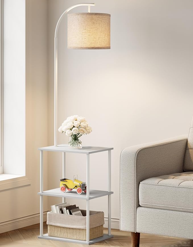 Floor Lamp with Table, Night Stand with Lamp, Narrow Side Table with 3CCT LED Bulb, Small Coffee Table, Modern End Table with Storage Shelves for Living Room Bedroom Home Décor, White