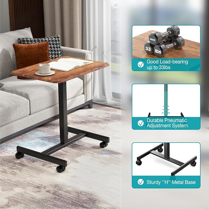 DUMOS Mobile Small Standing Desk, Laptop Desk, Home Office | Portable Rolling Design, 2 Lockable Wheels, Adjustable Height Computer Workstation, 19 Inch, Brown