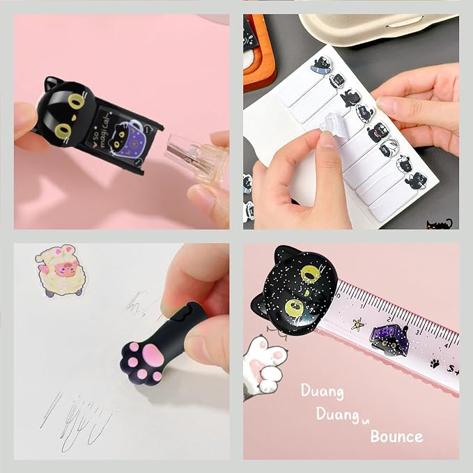 10Pcs Black Cute Cat Stationery Set Cat School Supplies | Kawaii Stationery Set with Pens, Pencil Sharpener, Highlighter, Eraser, Correction Tape and Ruler for Office and School Use