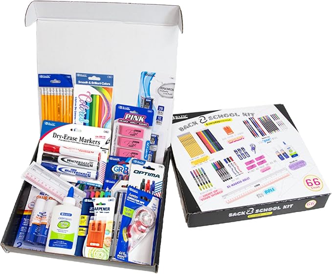 BAZIC PRODUCTS 66-Piece Back to School Supplies Kit | Bundles writing, Coloring, Correction, Desk tools in, For school and office use