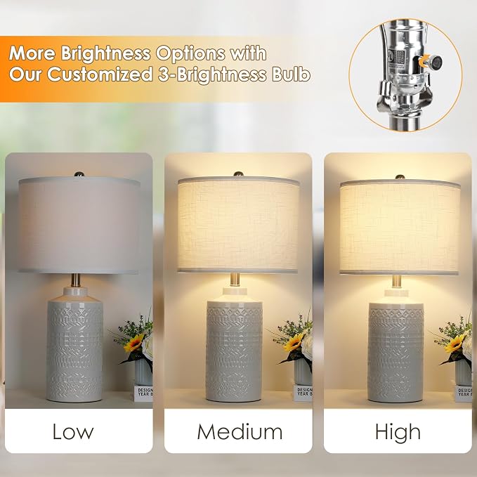 JUNNAI 24.5" White Ceramic Table Lamp 3-Way Dimmable Nightstand with White Linen Shade Bedside Lamp for Bedrooms & Living Room Office Reading(Bulb Included)