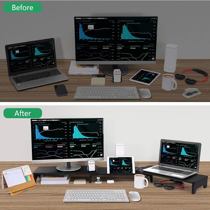 Nnewvante Monitor Stand Riser, 60 inch Bamboo Triple Monitor Stand for Desk | Black, Adjustable Length Angle, 3 Shelves Desktop Screen Riser, For Computer Laptop PC
