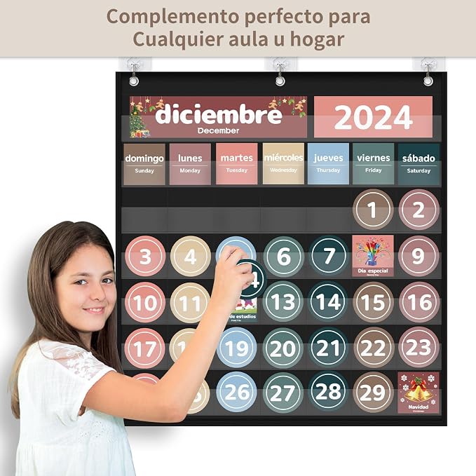 Boczif Monthly Calendar Pocket Chart for Classroom(Spanish Black)